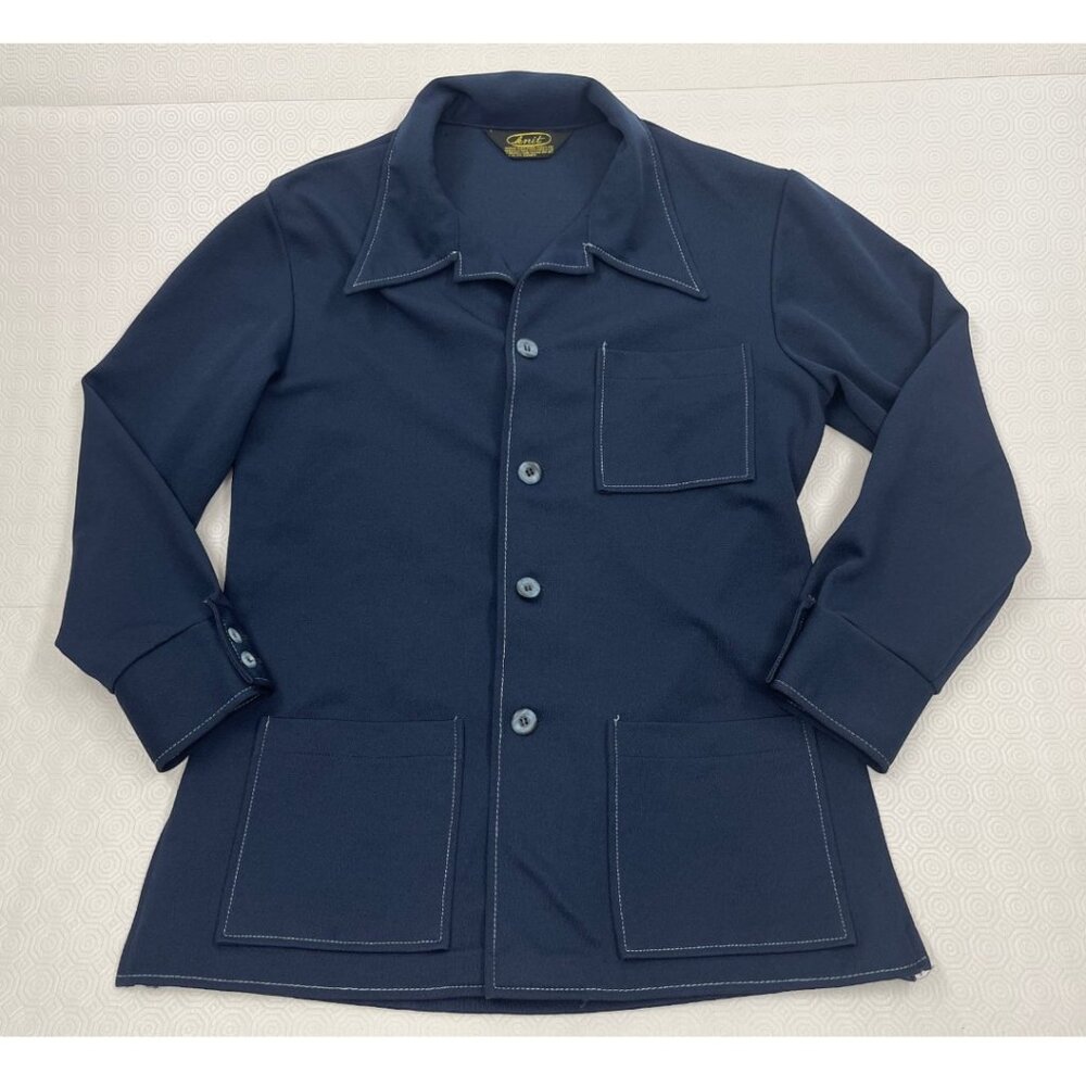 Vintage 70s Wide Collar Disco Polyester Blue Safari Lounge Shirt Jacket Men's M